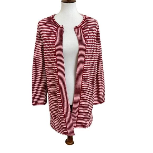 Talbots Pure Merino Wool Red & White Open Front Cardigan Size Large Petite - Picture 1 of 6